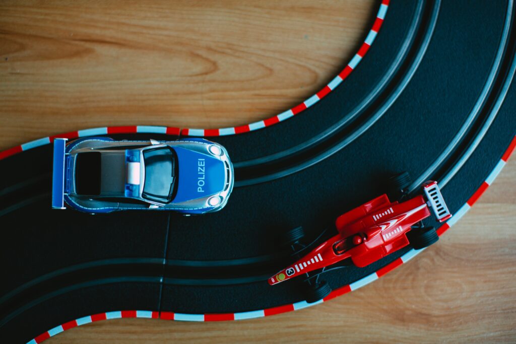 Toy car racecourse motor race on scalextric set. suggested as a good idea for event sponsorship 