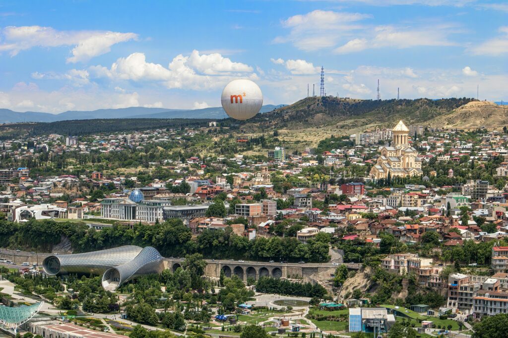 advertising balloon over a city