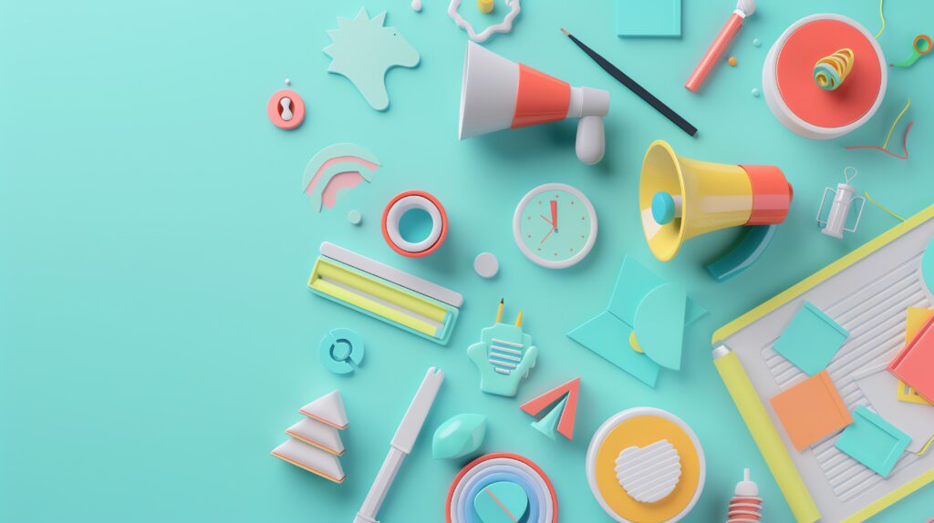 event advertising concept, top view - 3D render, colored pastel