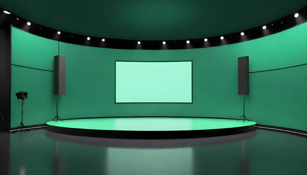 curved stage design for large event with green lights