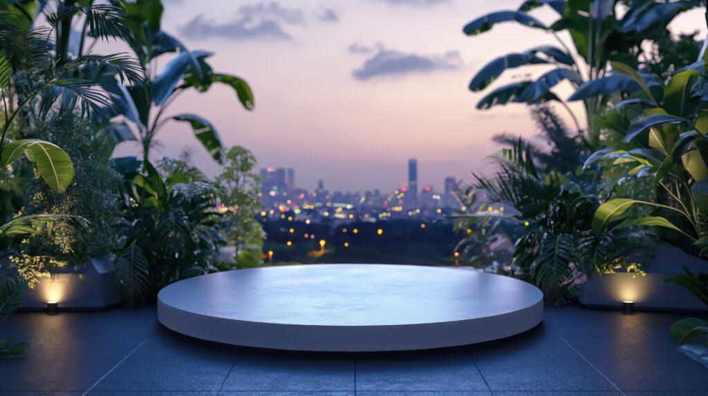 Small platform design with plants and city skyline backdrop