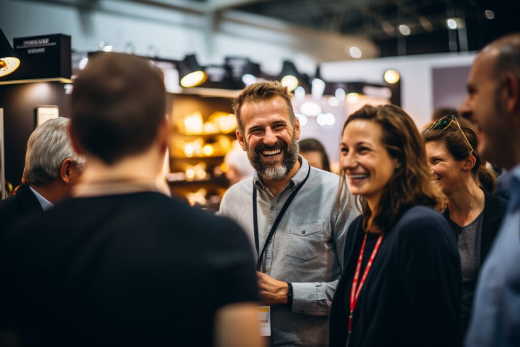 A group of people at a trade show exhibit