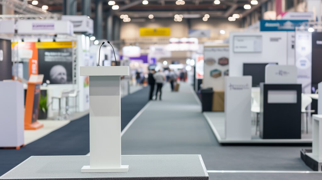 A podium at a trade show floor