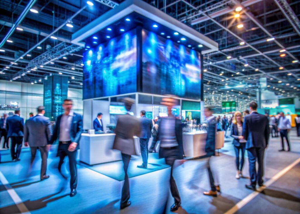 Crowd in motion at a futuristic trade show event