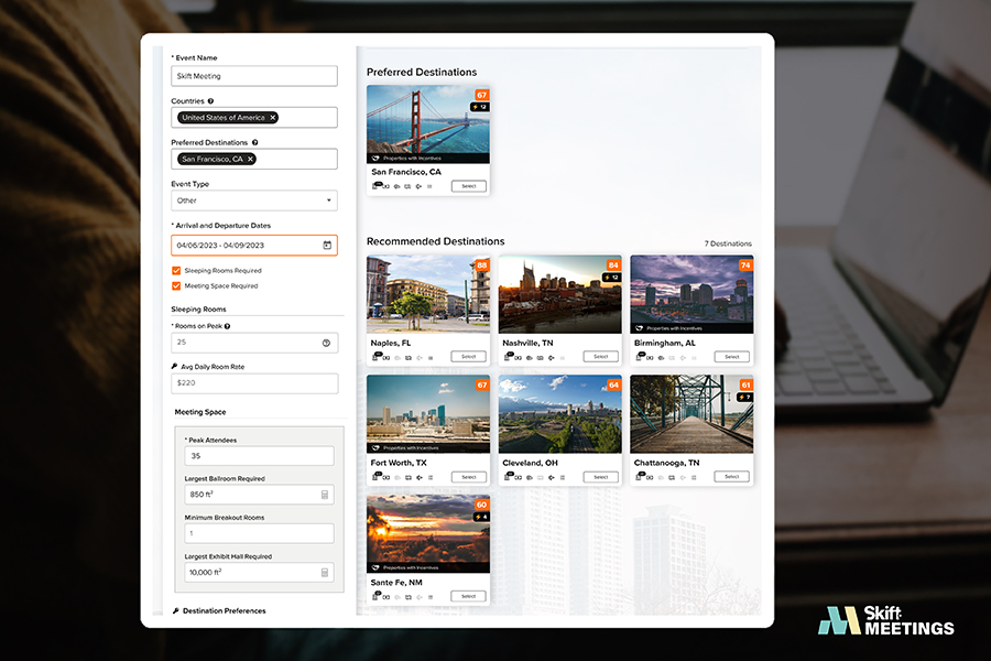 Screenshot of the Groups360 platform showing AI-powered recommendations for destinations based on venue sourcing requirements.