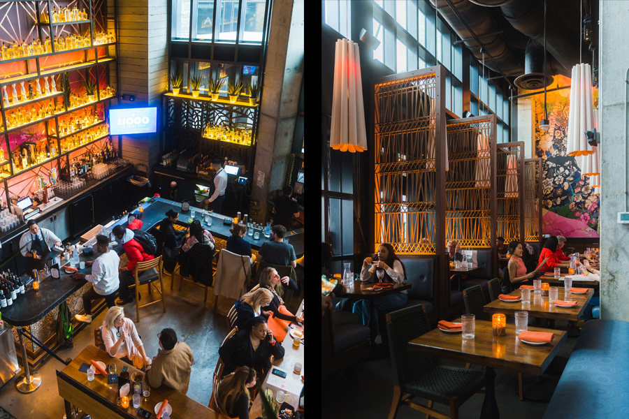Two interior shots of bleisure favorite Mi Vida restaurant, showcasing its bar with backlit shelving on the left side and its dining area with a large floral mural on the right side.