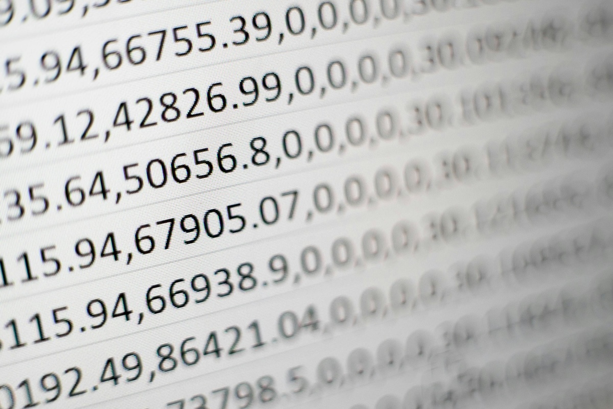 Close up of spread sheet data with long strings of numbers
