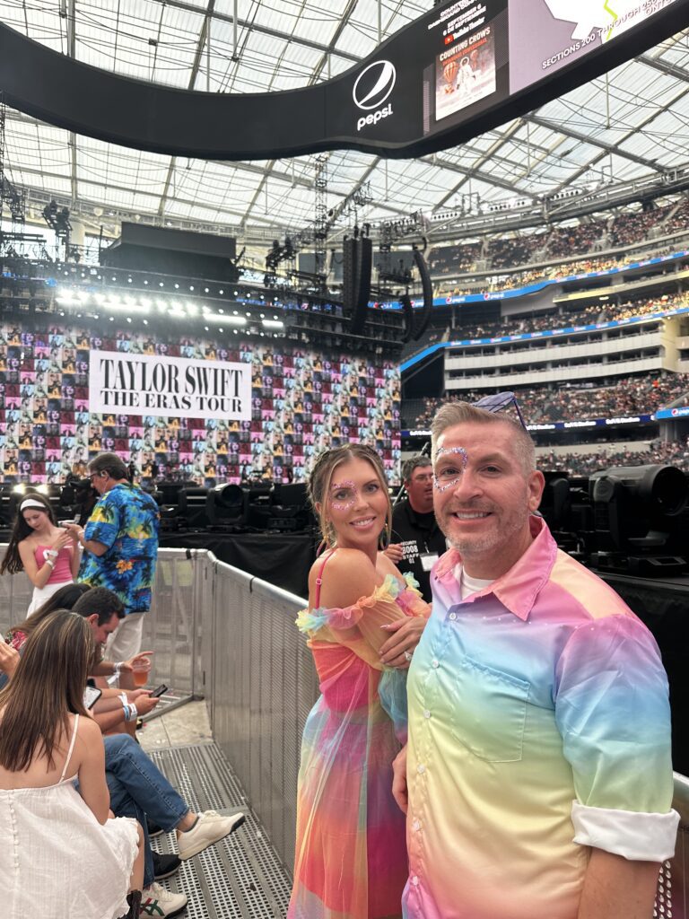 Kate Patay and one of her Swifty besties, Jeremy Friend, at the Eras concert in SoFi Stadium in Los Angeles in August. 