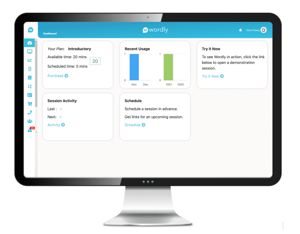 A screen shot of the Wordly dashboard, with an easy-to-scan overview of the available time, scheduled time, and recent usage, as well as quick links to schedule a session.