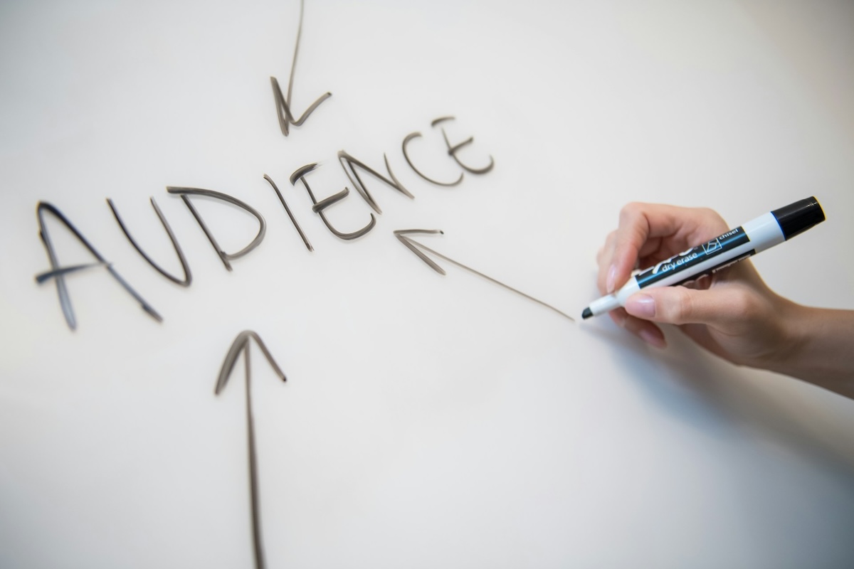 Woman's hand writing the word audience on a whiteboard with arrows
