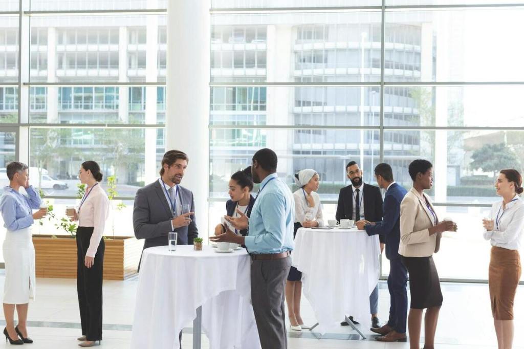 Business people interacting with each other at table during a corporate event