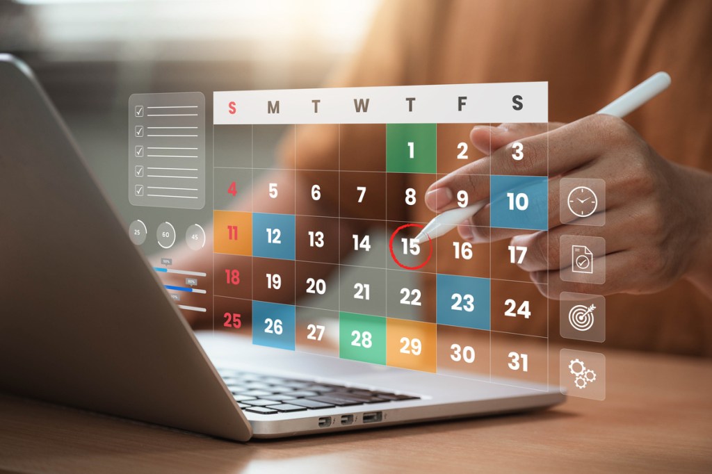 Calendar, checklist, and tasks for event planning and scheduling.