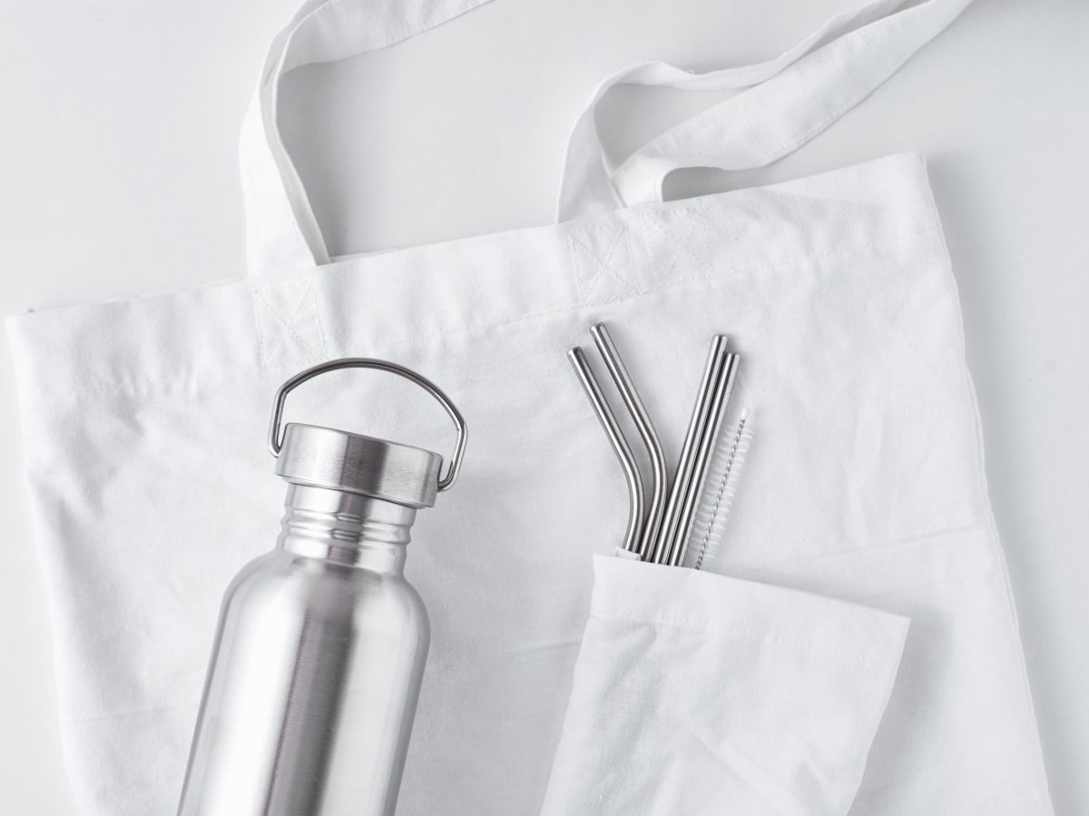 Tote bag, straws, water bottle