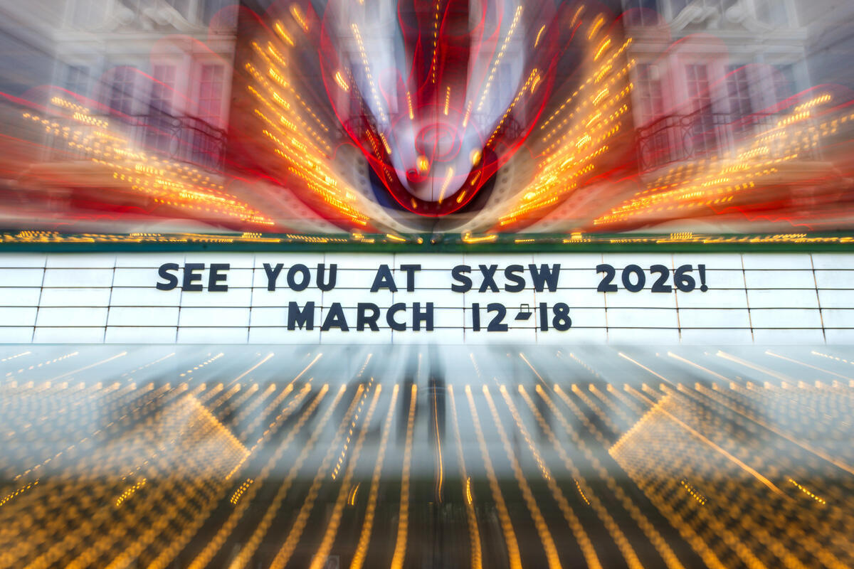 Old-fashioned cinema or theater billboard with the words "See you at SXSW 2026! March 12–18"