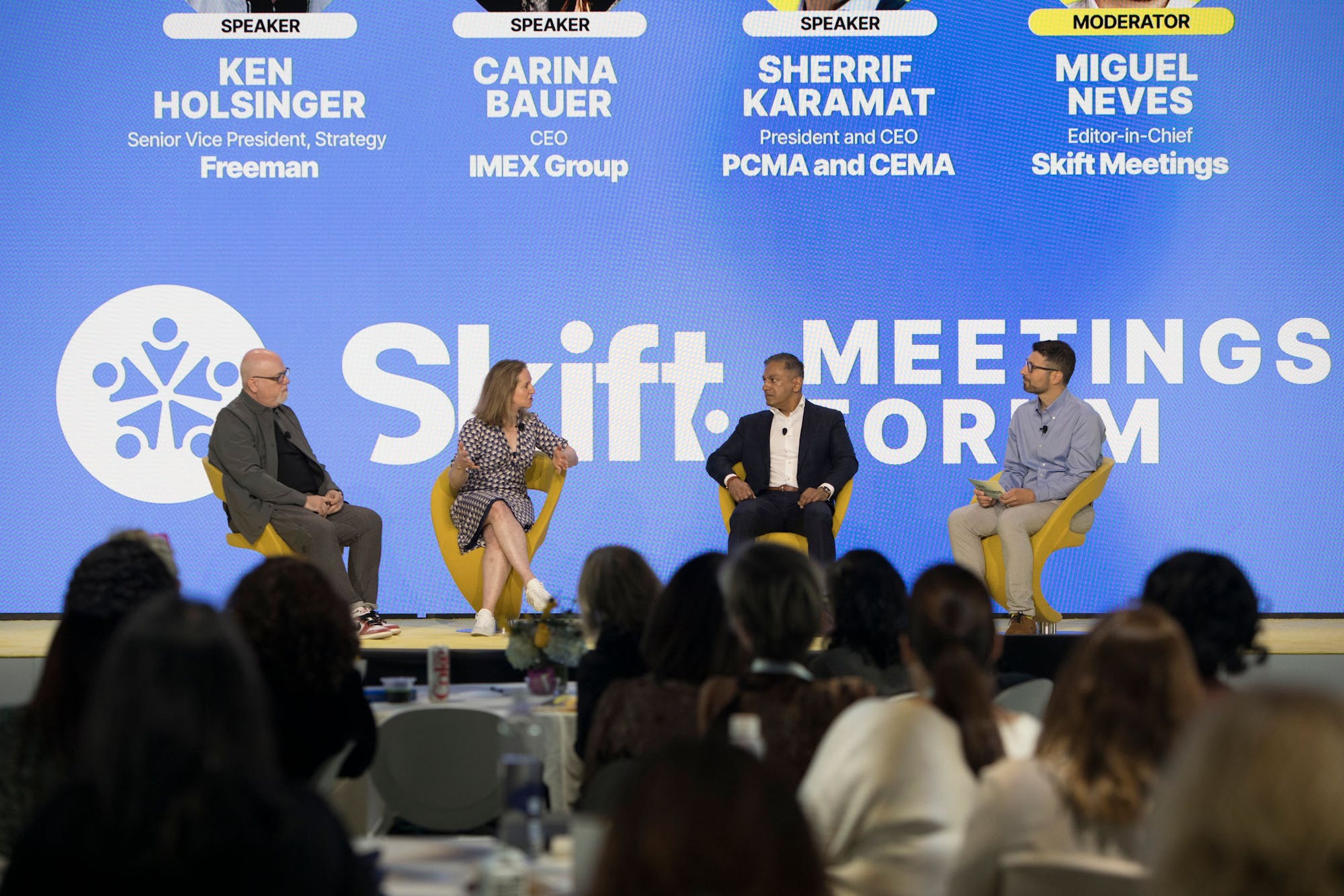 Freeman, IMEX Group, PCMA and CEMA leaders on Skift Meetings Forum stage with Editor-in-Chief Miguel Neves
